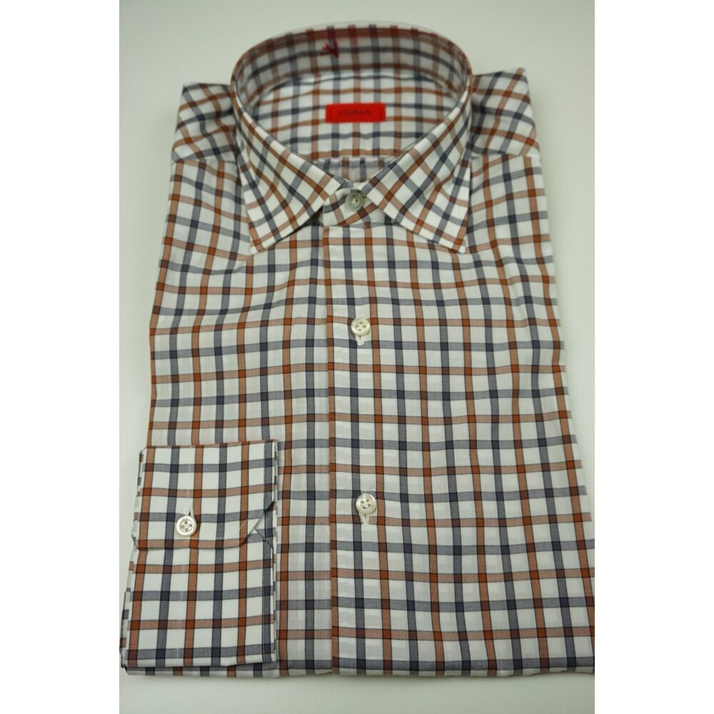 Isaia Deep Orange Gray Plaid Long Sleeve Cotton Dress Shirt 15.5/39 NEW